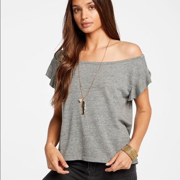 NWOT‎ CHASER Gray Triblend Jersey Cropped Flutter Sleeve Open Neck Tee - Picture 1 of 7